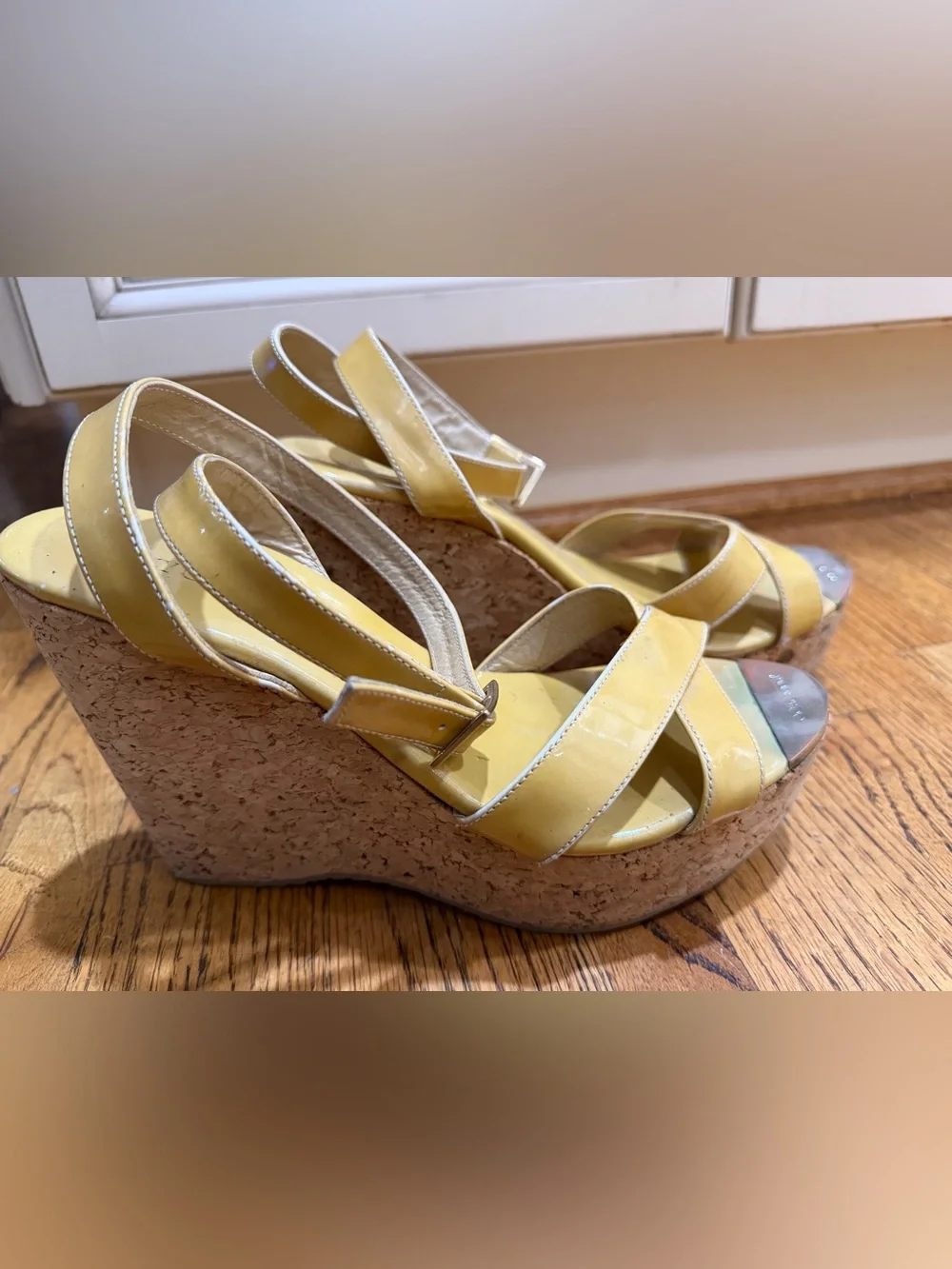 Jimmy Choo Yellow/Tan Patent Cork Wedge Sandals Sz 39